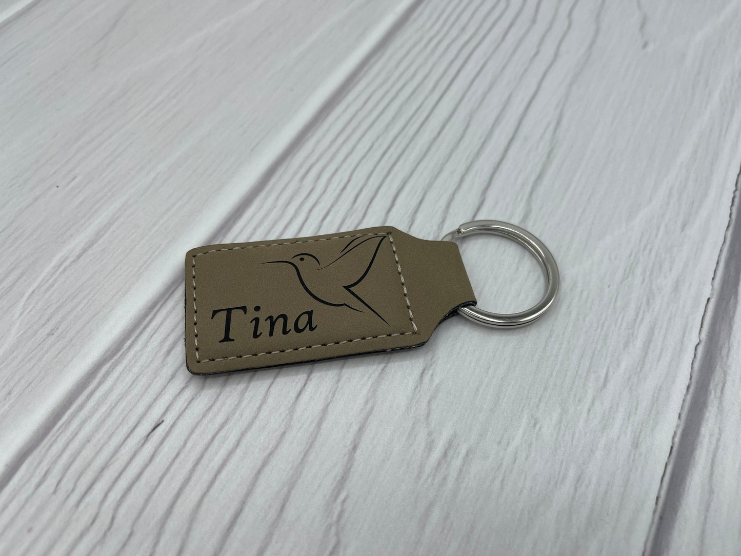 Hummingbird Keychain - Faux Leather - Name tag - Keyring - Personalised
